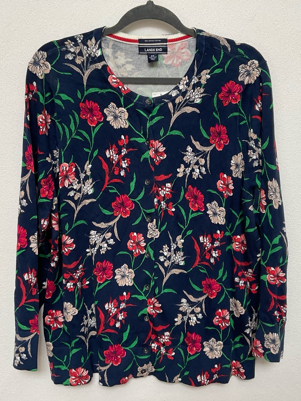 NWT Lands' End Supima Cotton Navy, Red Floral Button Front Cardigan Size 2X